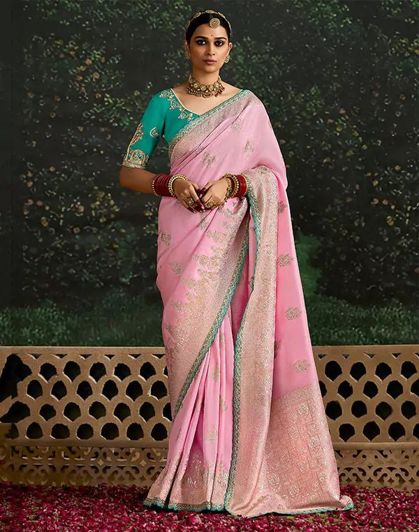 Image of Classic Light Pink Lace Border Dola Silk Saree With Embroidery Work Blouse - South India Shopping Mall
