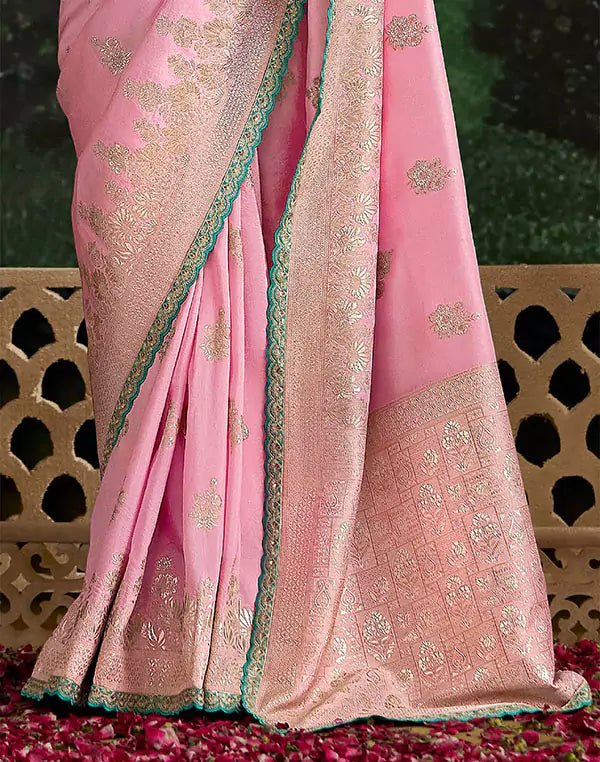 Image of Classic Light Pink Lace Border Dola Silk Saree With Embroidery Work Blouse - South India Shopping Mall