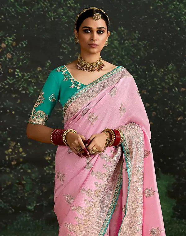 Image of Classic Light Pink Lace Border Dola Silk Saree With Embroidery Work Blouse - South India Shopping Mall