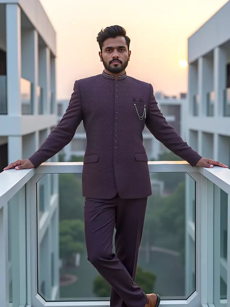 Image of Classic Maroon Self Design Jacquard Bandhgala Style - South India Shopping Mall