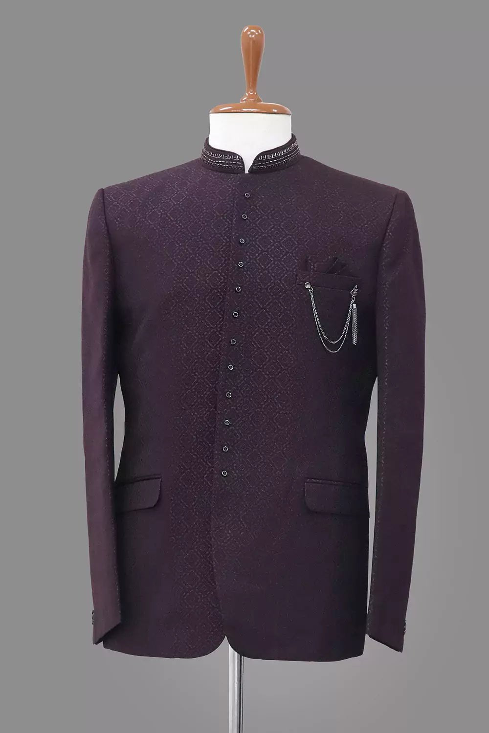 Image of Classic Maroon Self Design Jacquard Bandhgala Style - South India Shopping Mall