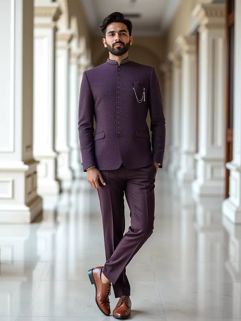 Image of Classic Maroon Self Design Jacquard Bandhgala Style - South India Shopping Mall