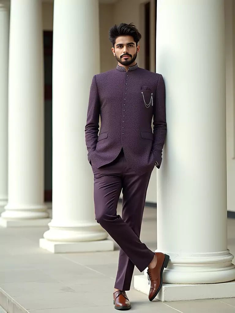 Image of Classic Maroon Self Design Jacquard Bandhgala Style - South India Shopping Mall