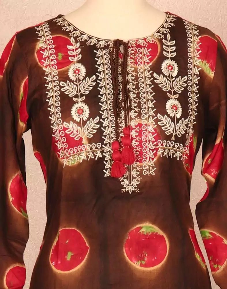 Image of Coffee Brown Floral Beads work Rayon Kurti - South India Shopping Mall