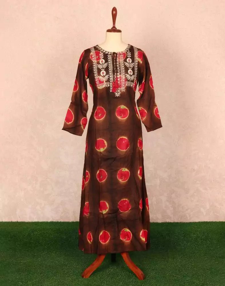 Image of Coffee Brown Floral Beads work Rayon Kurti - South India Shopping Mall