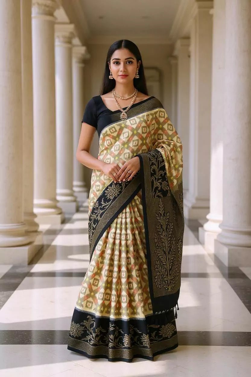 Image of Coimbatore Pure Silk Ikat Cream Saree with Tussels - South India Shopping Mall