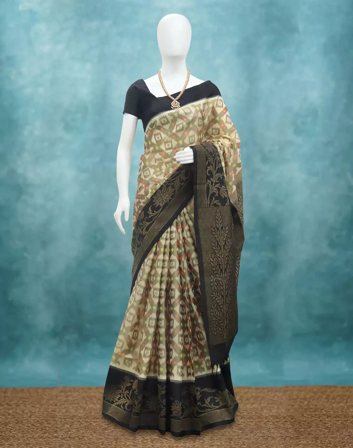 Image of Coimbatore Pure Silk Ikat Cream Saree with Tussels - South India Shopping Mall