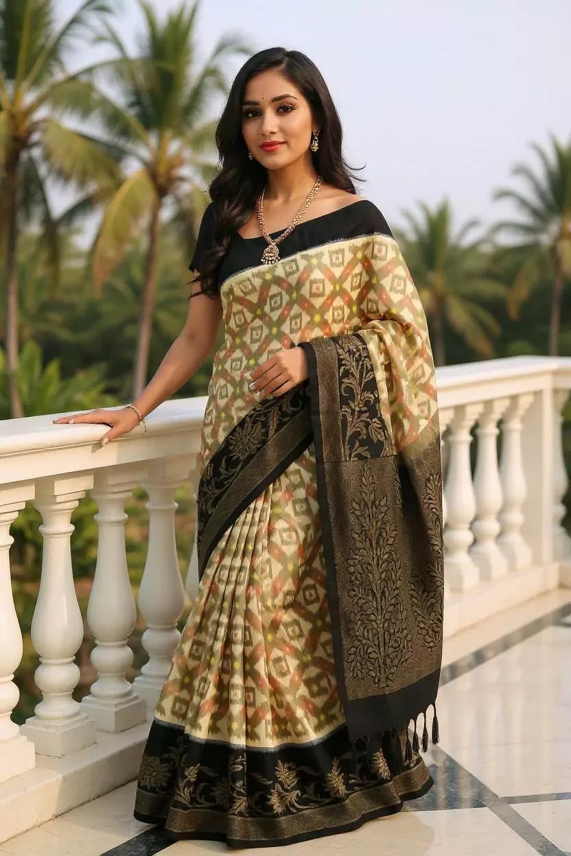 Image of Coimbatore Pure Silk Ikat Cream Saree with Tussels - South India Shopping Mall