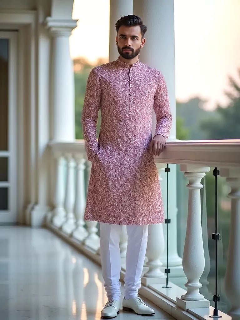 Image of Coral Pink Floral Printed Cotton Kurta and Pyjama Set - South India Shopping Mall