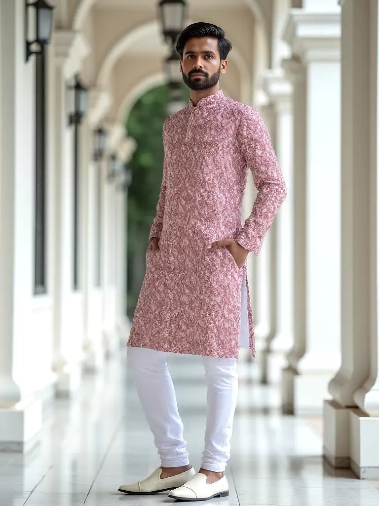 Image of Coral Pink Floral Printed Cotton Kurta and Pyjama Set - South India Shopping Mall
