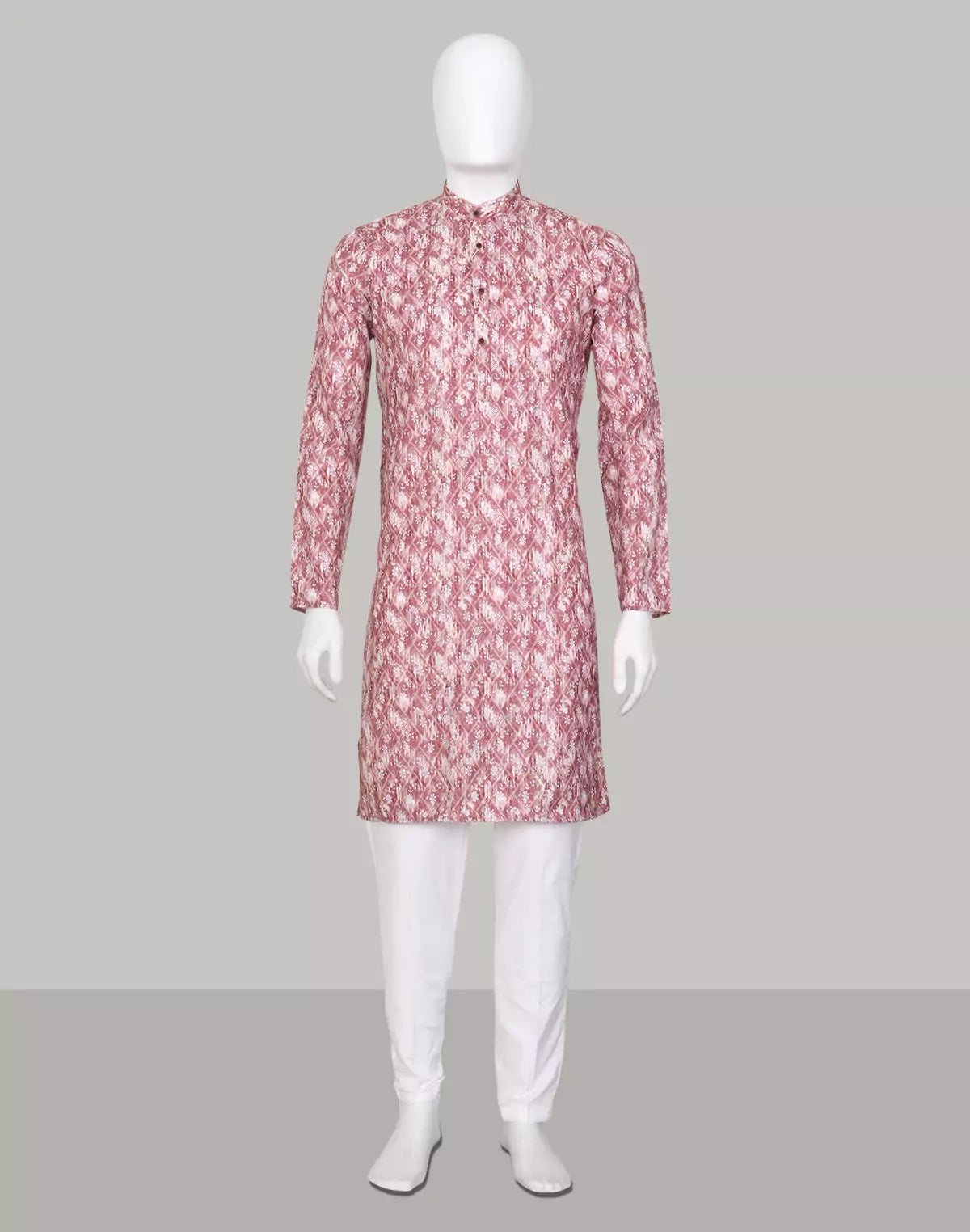 Image of Coral Pink Floral Printed Cotton Kurta and Pyjama Set - South India Shopping Mall