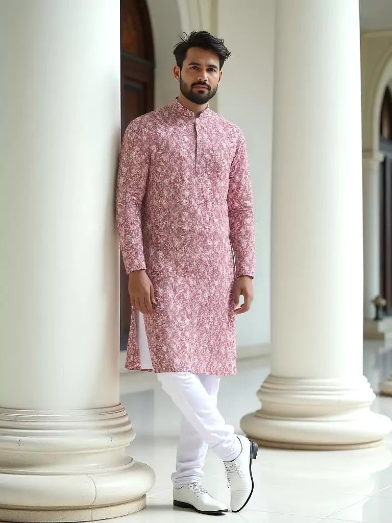 Image of Coral Pink Floral Printed Cotton Kurta and Pyjama Set - South India Shopping Mall