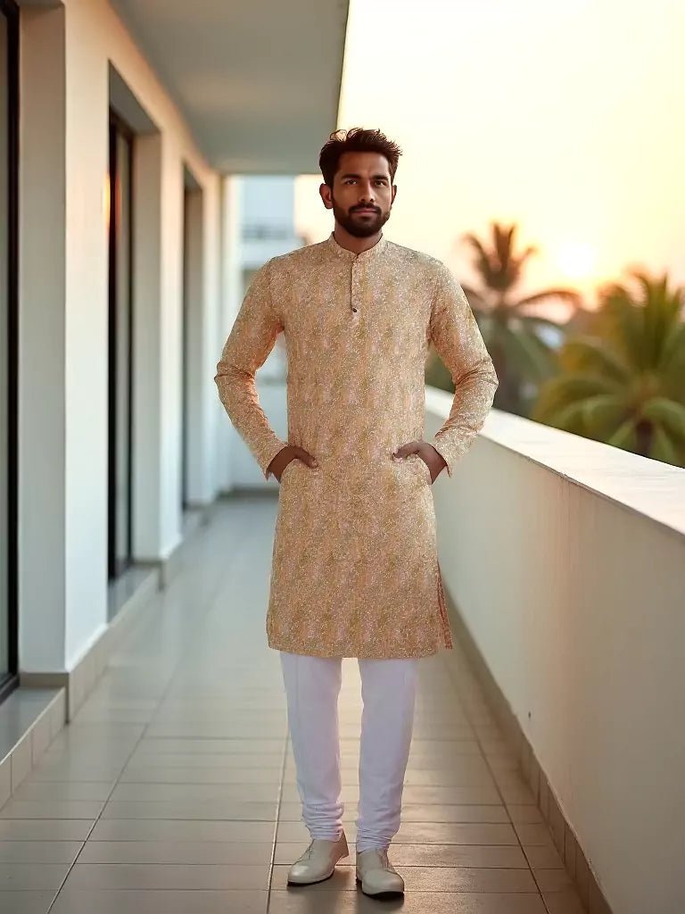 Image of Cotton All Over Bel Buti Patterned Corn Yellow Kurta Pyjama Set - South India Shopping Mall