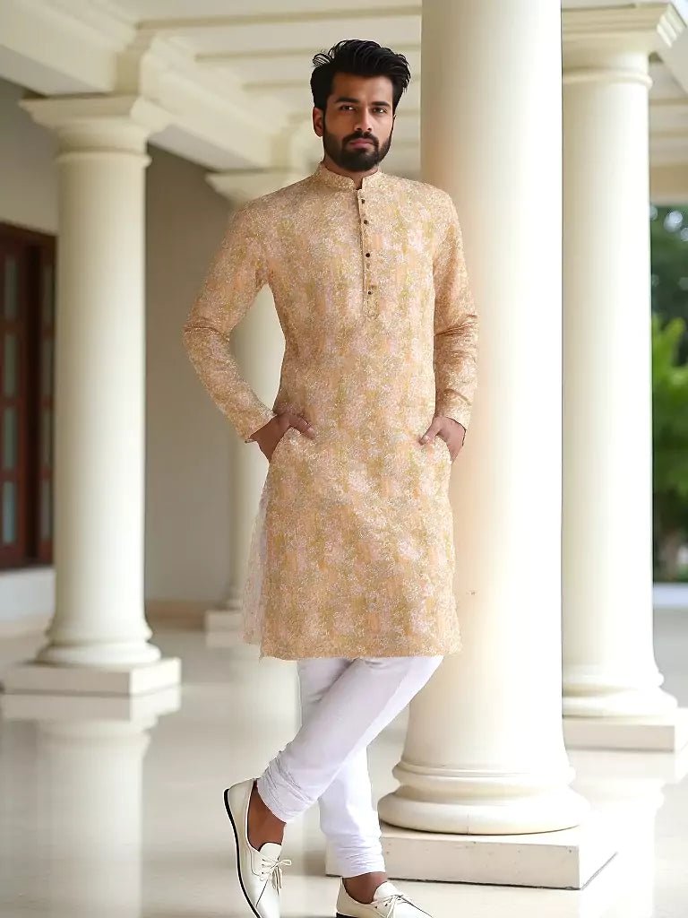 Image of Cotton All Over Bel Buti Patterned Corn Yellow Kurta Pyjama Set - South India Shopping Mall