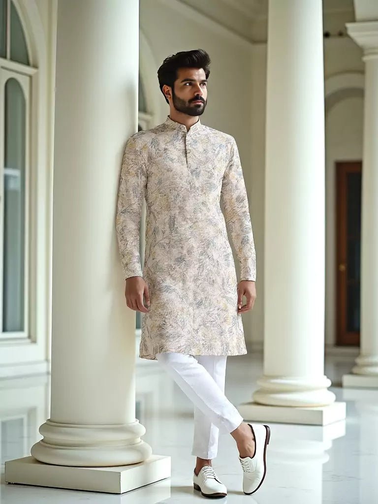 Image of Cotton Digital Floral Printed Cream Kurta Set - South India Shopping Mall