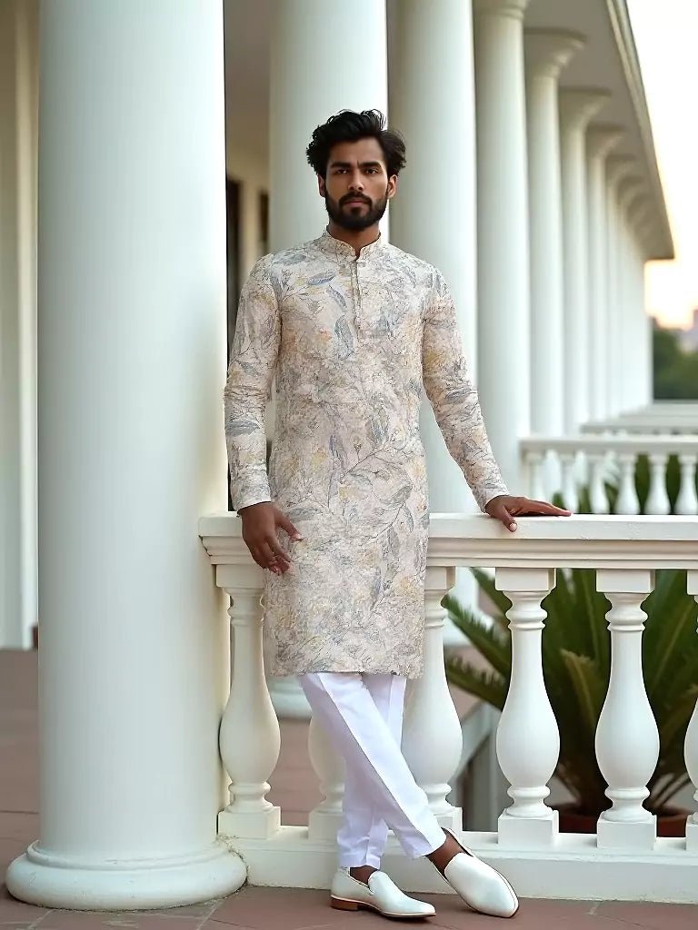 Image of Cotton Digital Floral Printed Cream Kurta Set - South India Shopping Mall