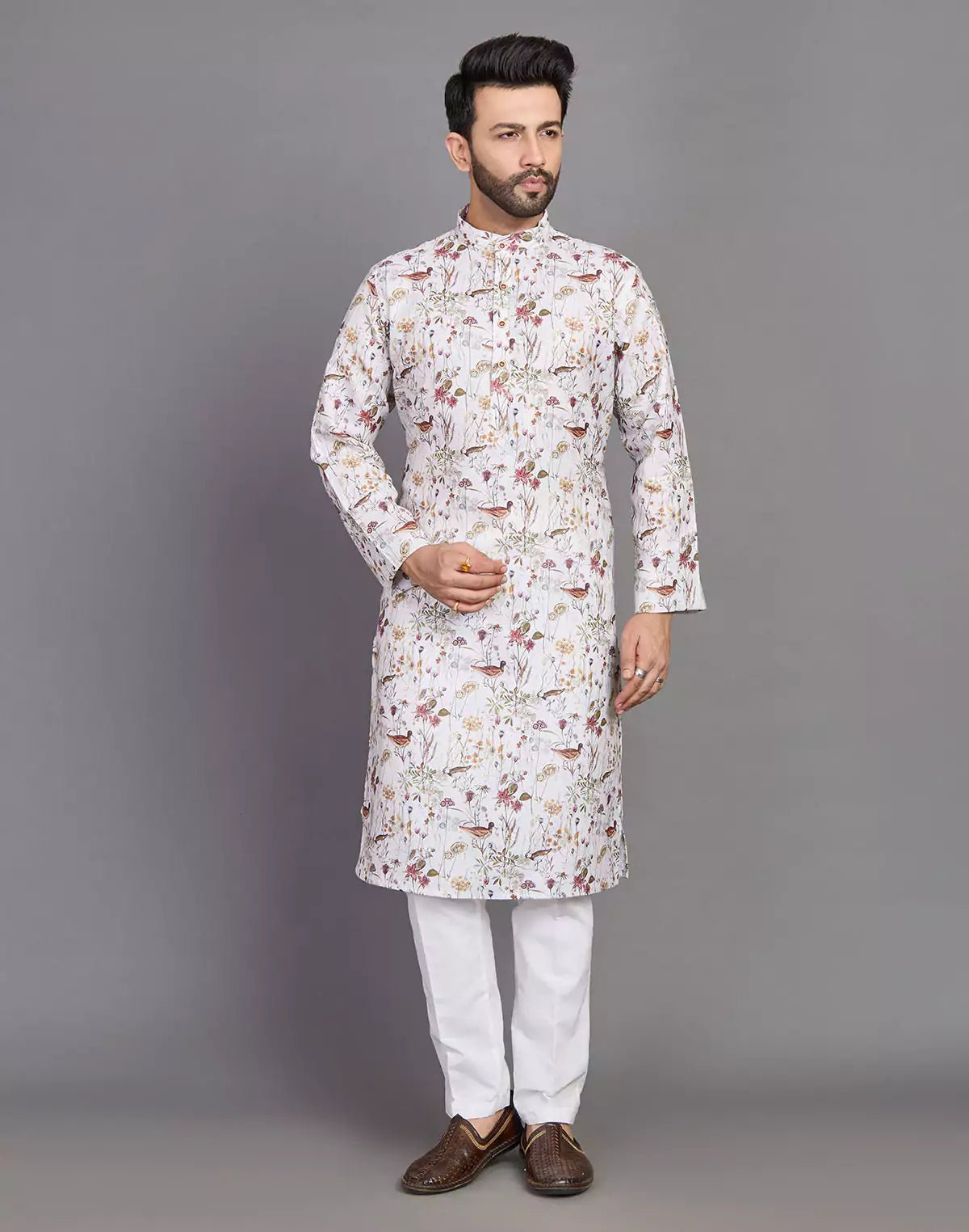 Image of Cotton Leaf and Birds Printed Party Wear Style Kurta - South India Shopping Mall