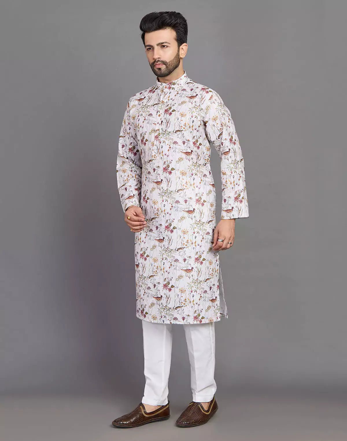 Image of Cotton Leaf and Birds Printed Party Wear Style Kurta - South India Shopping Mall