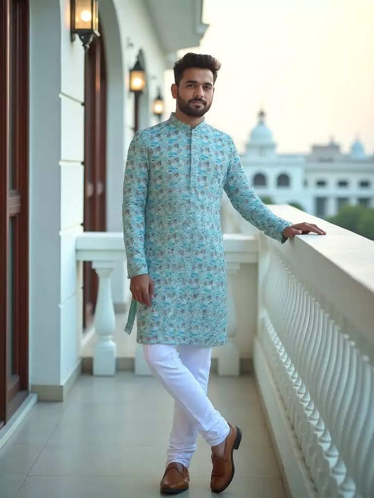 Image of Cotton Light Green Digital Print Stylish Kurta - South India Shopping Mall