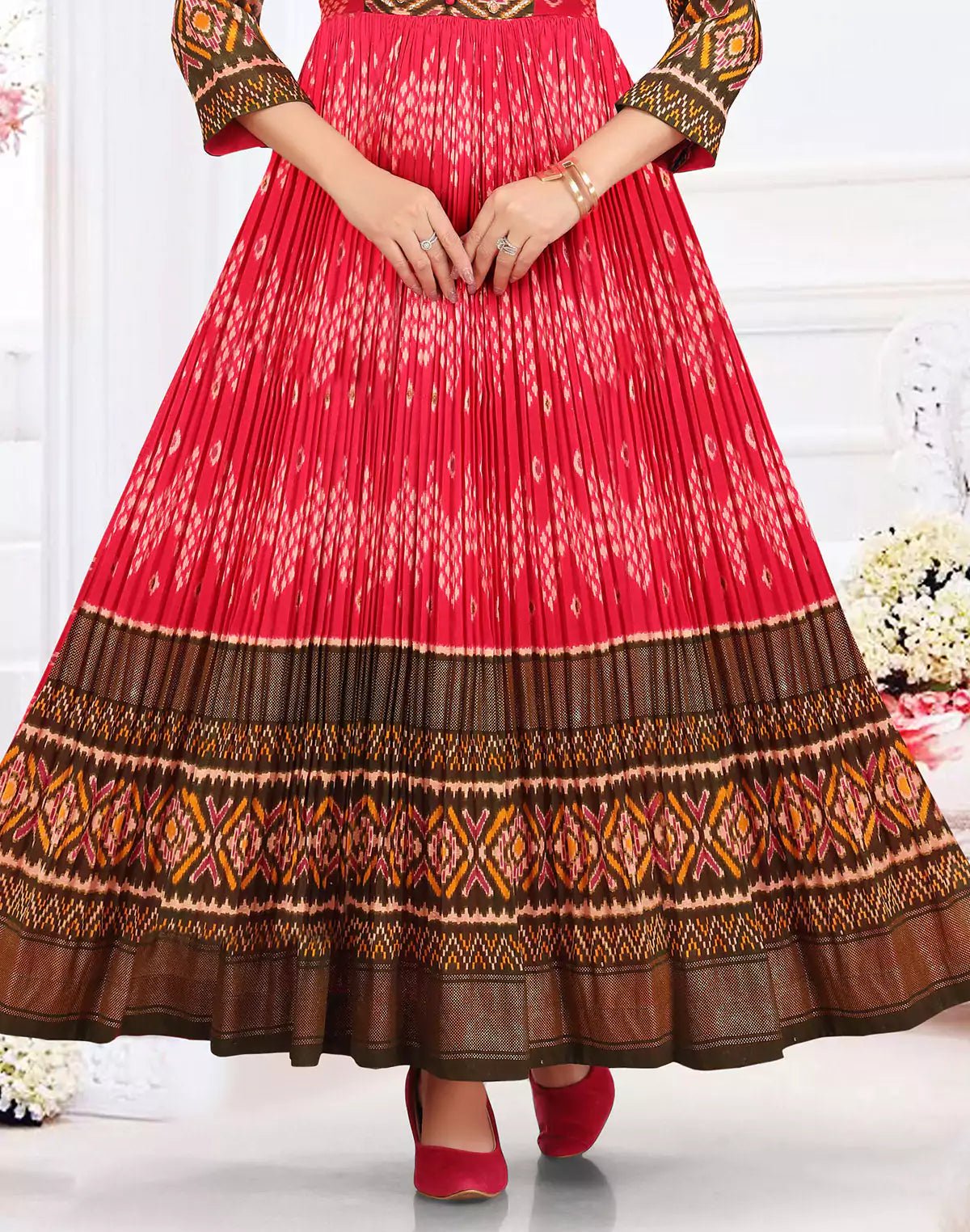 Image of Cotton Silk Ikat Print Red Coloured Flared Dress - South India Shopping Mall