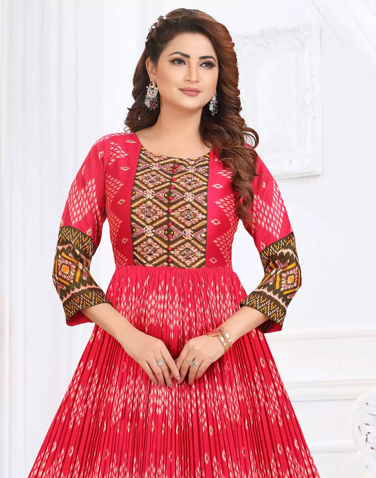 Image of Cotton Silk Ikat Print Red Coloured Flared Dress - South India Shopping Mall