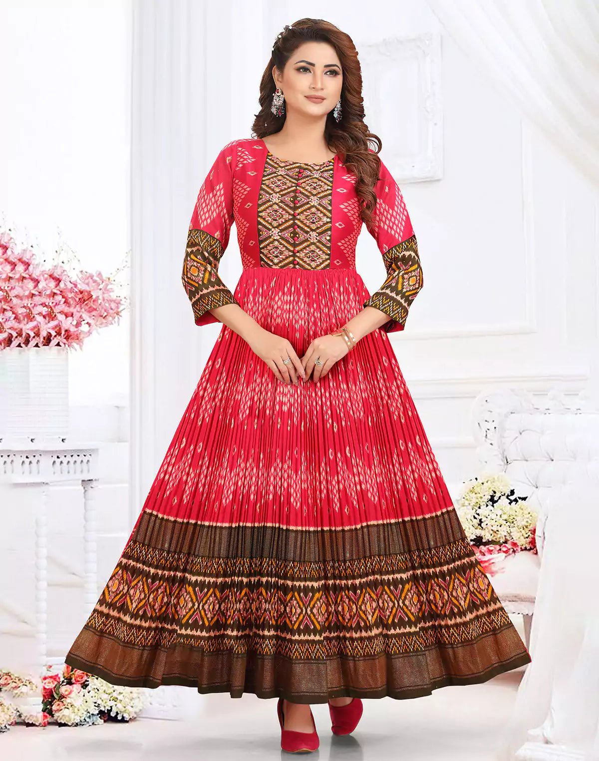 Image of Cotton Silk Ikat Print Red Coloured Flared Dress - South India Shopping Mall