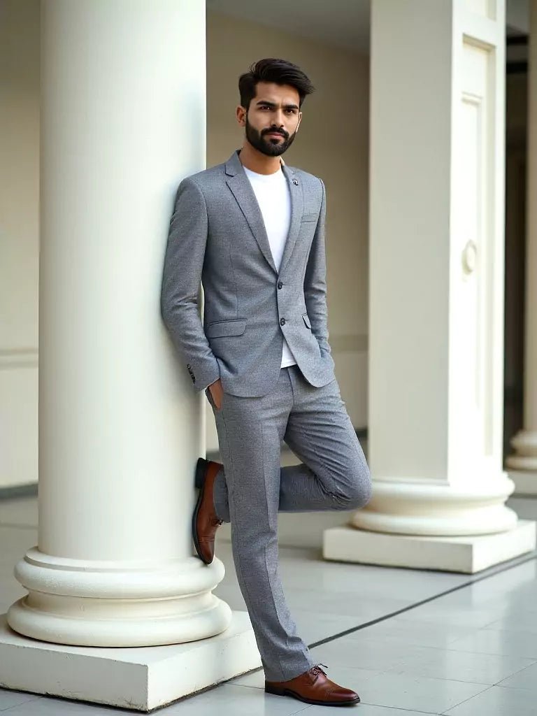 Image of Cotton with Lycra Grey Solid Blazer - South India Shopping Mall