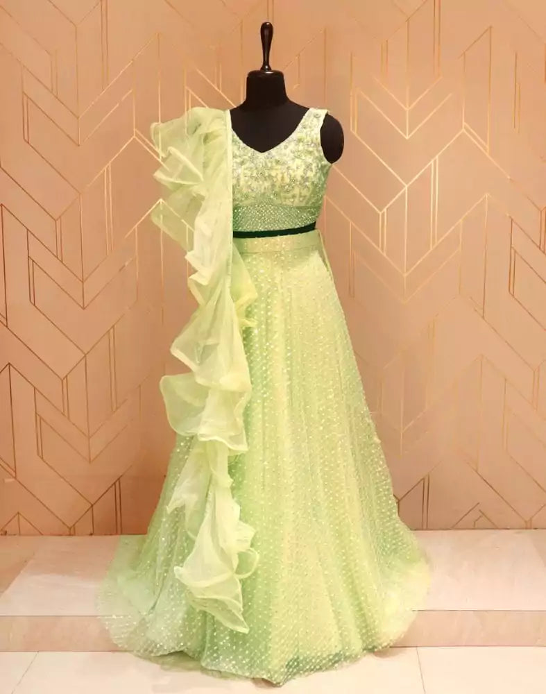 Image of Pista Green Floral Embellished work Netted Crop Top and Lehenga Set