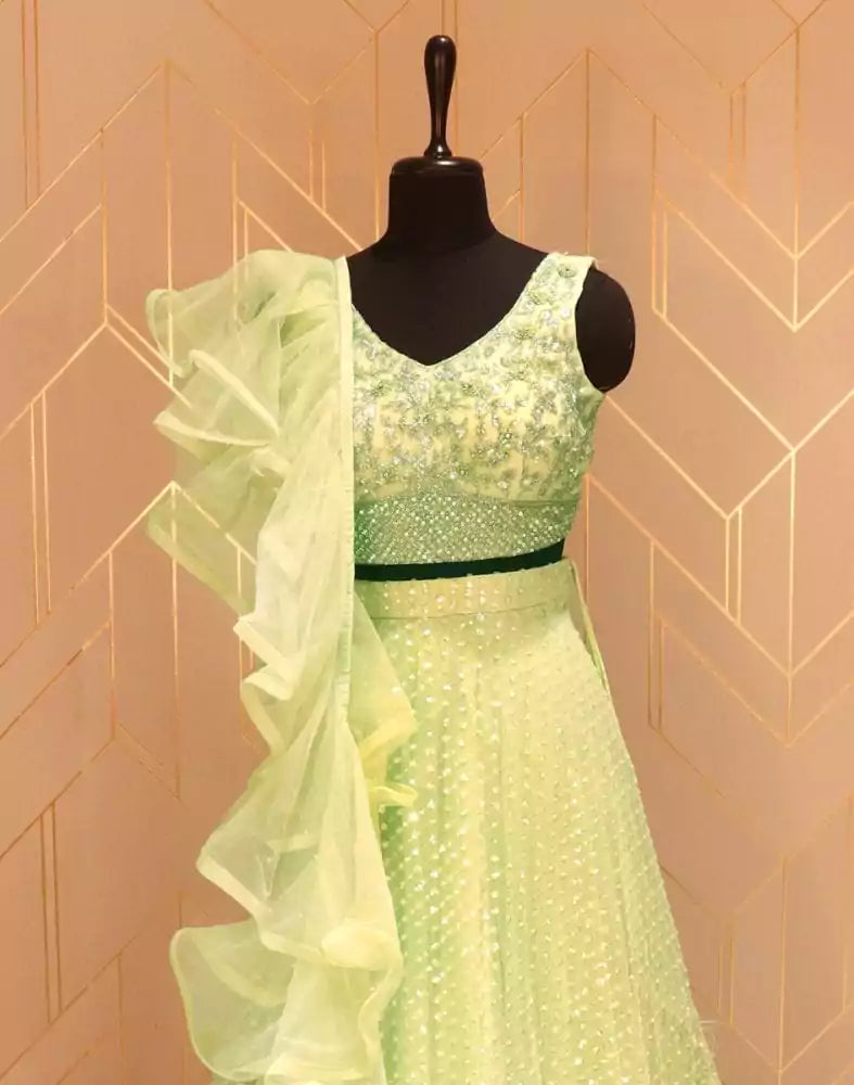 Image of Pista Green Floral Embellished work Netted Crop Top and Lehenga Set
