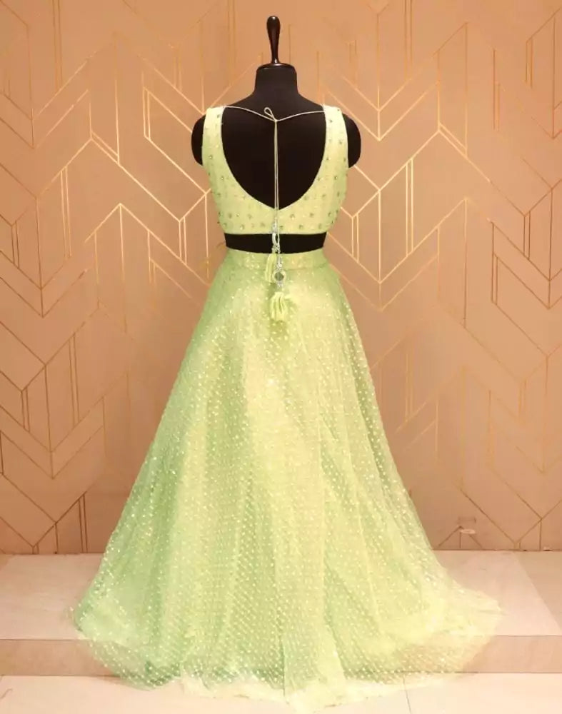 Image of Pista Green Floral Embellished work Netted Crop Top and Lehenga Set