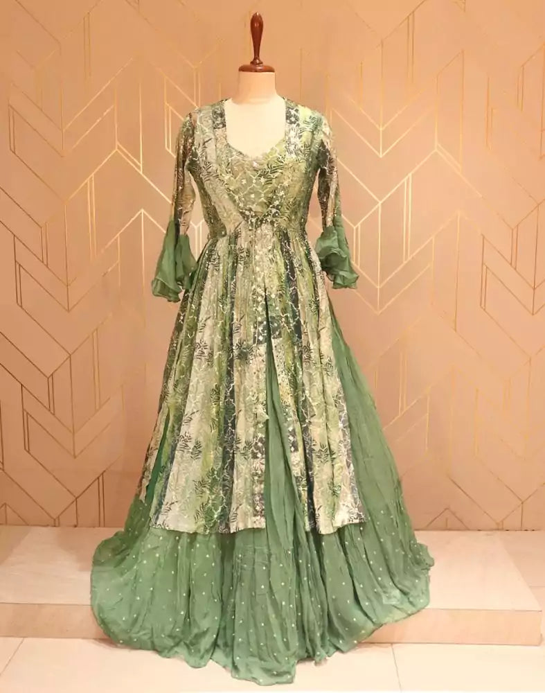 Image of Olive Green Floral Embellished work Georgette Crop Top with sequenced chiffon coat