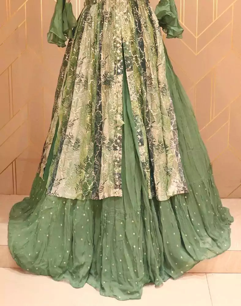 Image of Olive Green Floral Embellished work Georgette Crop Top with sequenced chiffon coat