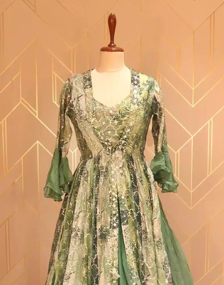 Image of Olive Green Floral Embellished work Georgette Crop Top with sequenced chiffon coat