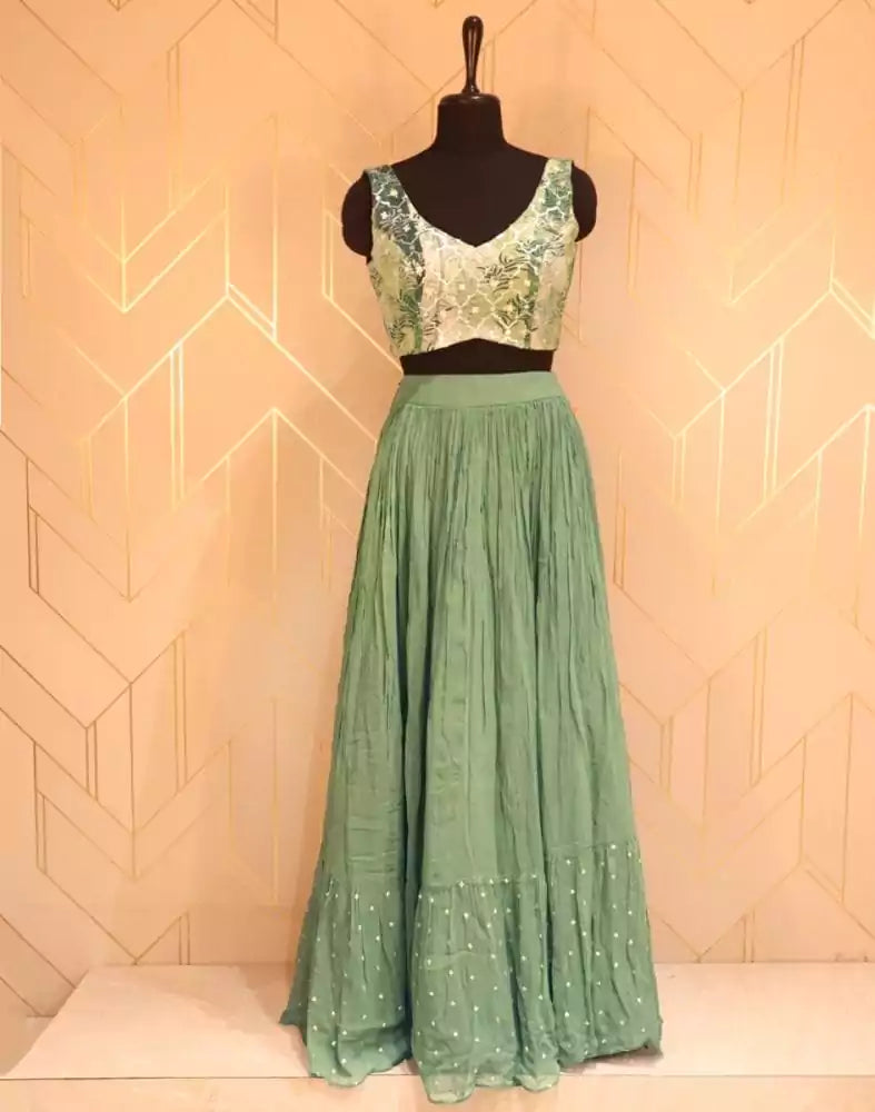 Image of Olive Green Floral Embellished work Georgette Crop Top with sequenced chiffon coat