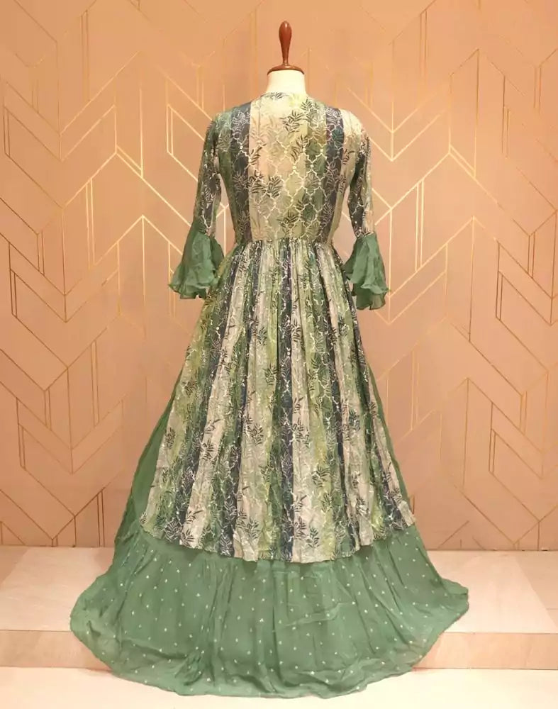 Image of Olive Green Floral Embellished work Georgette Crop Top with sequenced chiffon coat