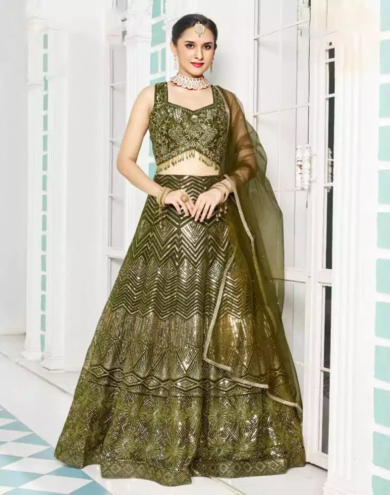 Image of Designer Green Coloured Floral Netted Embellished work Crop Top and Lehenga Set