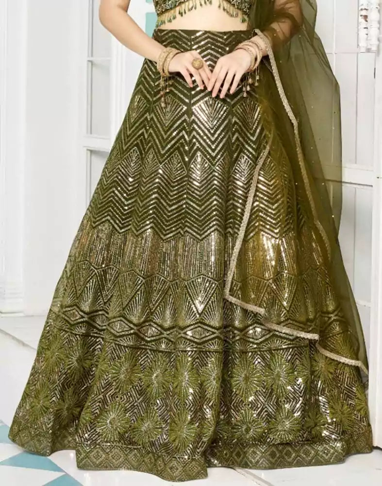 Image of Designer Green Coloured Floral Netted Embellished work Crop Top and Lehenga Set
