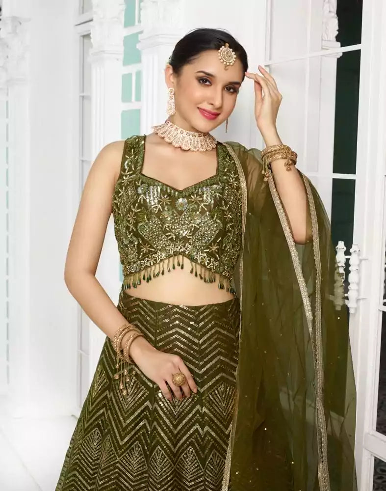 Image of Designer Green Coloured Floral Netted Embellished work Crop Top and Lehenga Set
