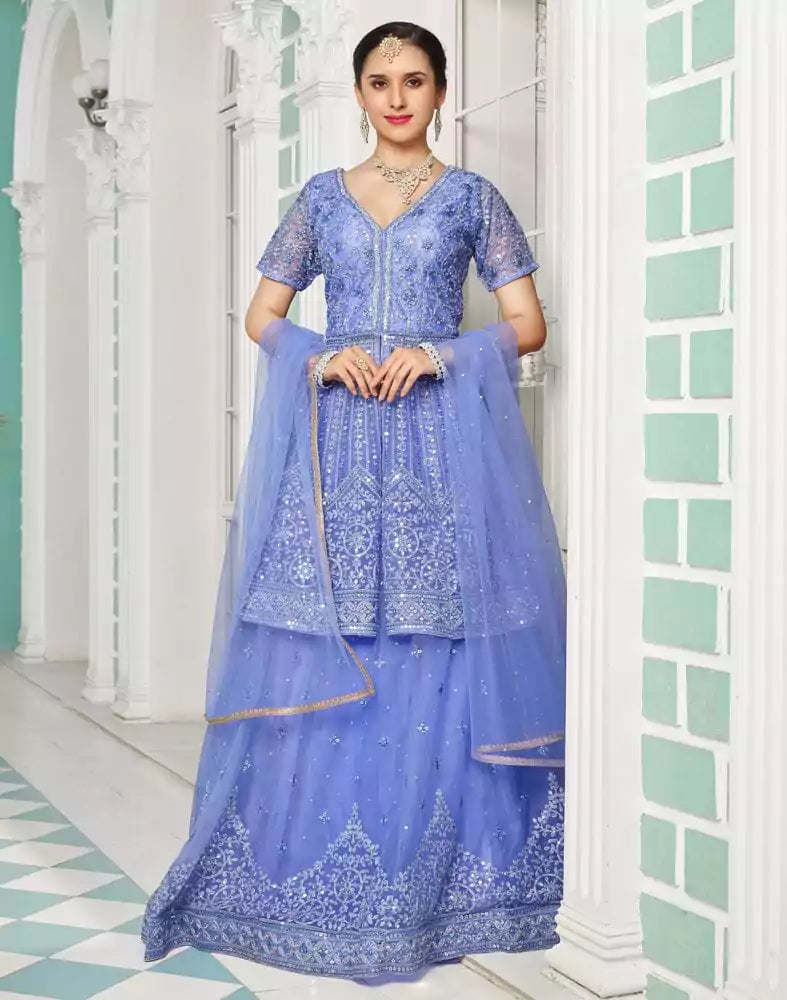 Image of Beautiful Purple Coloured Floral Netted Embellished work Crop Top and Lehenga Set