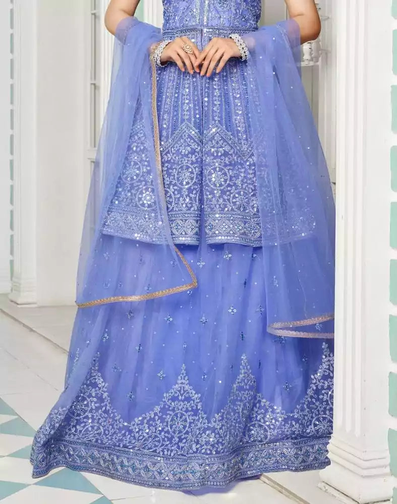 Image of Beautiful Purple Coloured Floral Netted Embellished work Crop Top and Lehenga Set