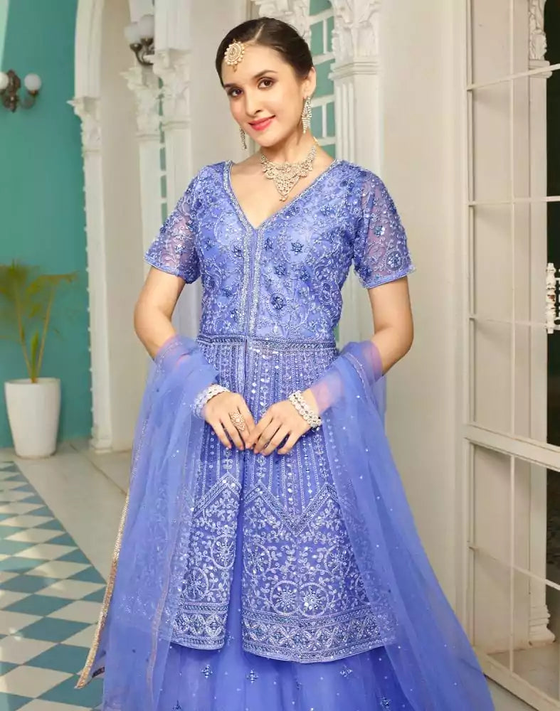 Image of Beautiful Purple Coloured Floral Netted Embellished work Crop Top and Lehenga Set