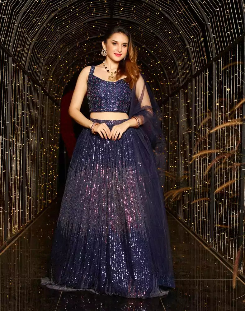 Image of Designer Navy Blue Sequence Work Netted Crop Top and Lehenga Set