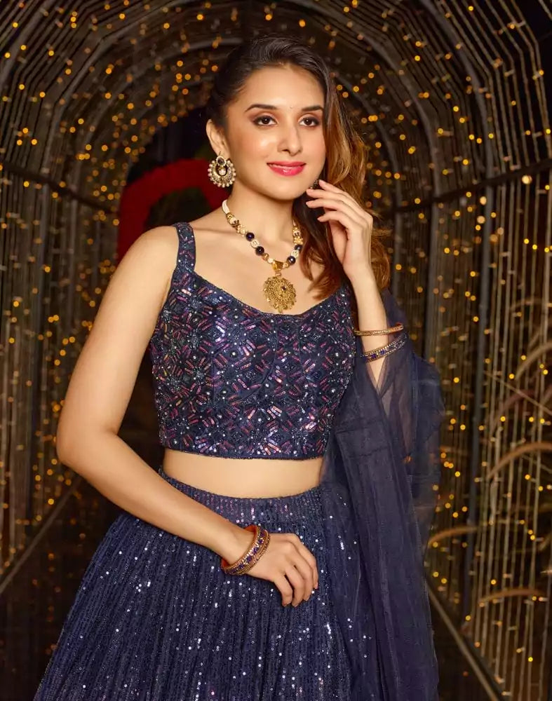 Image of Designer Navy Blue Sequence Work Netted Crop Top and Lehenga Set