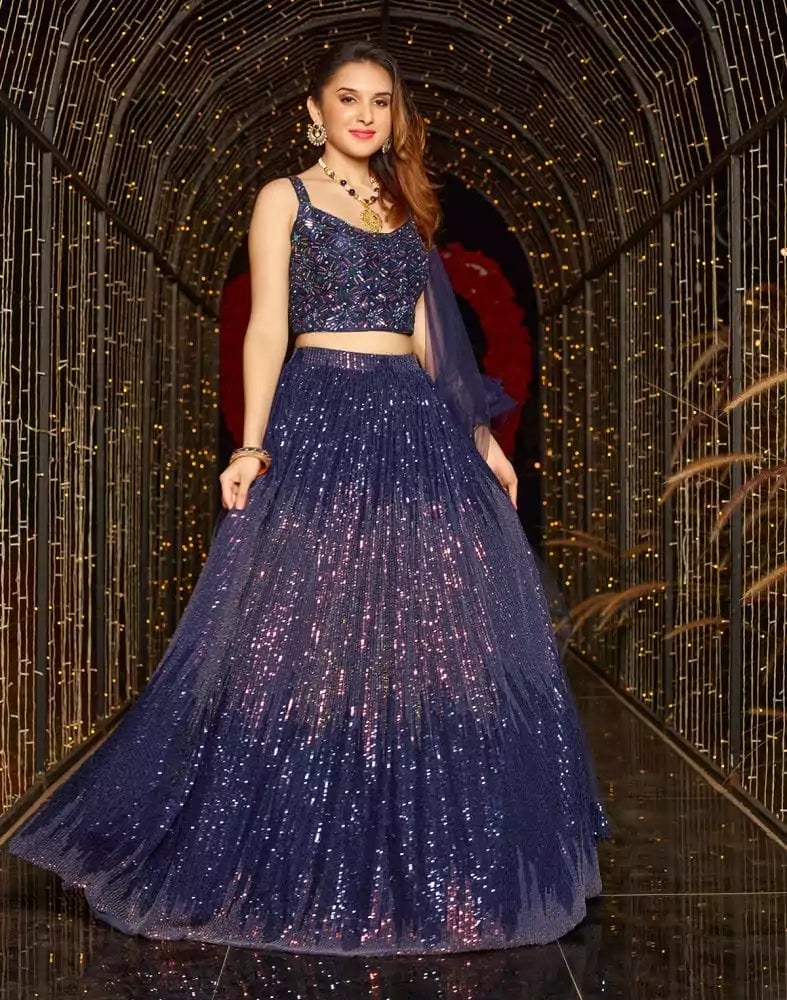 Image of Designer Navy Blue Sequence Work Netted Crop Top and Lehenga Set