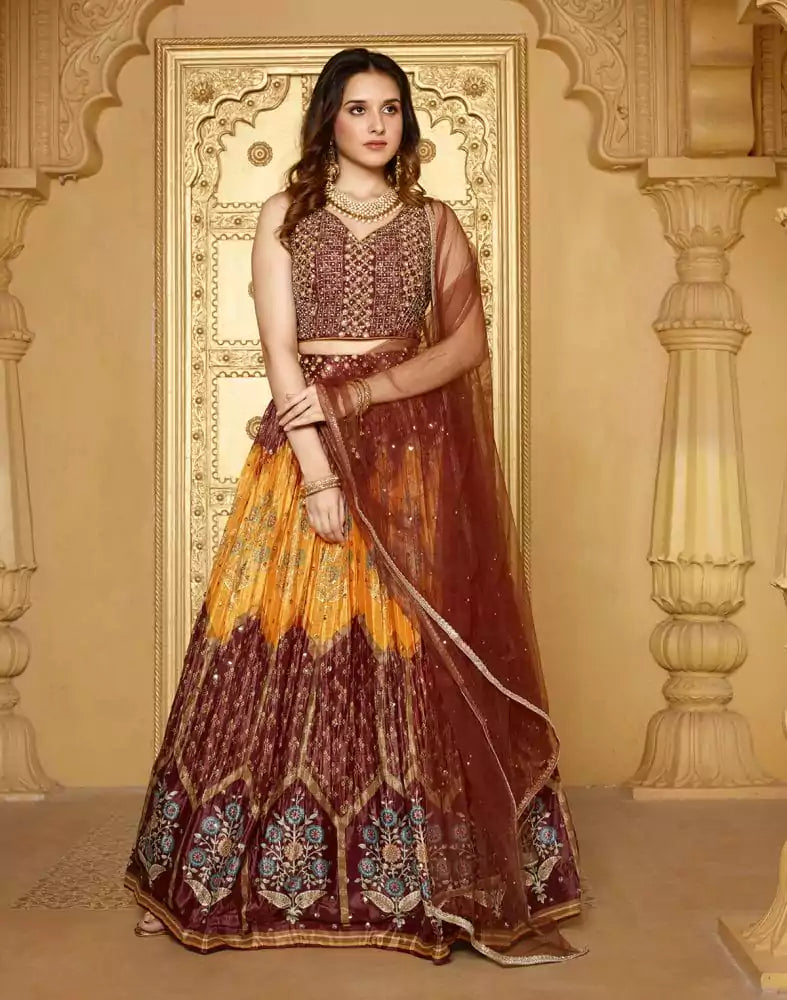 Image of Beautiful Brown Coloured Floral Crepe Beads work Crop Top and Lehenga Set
