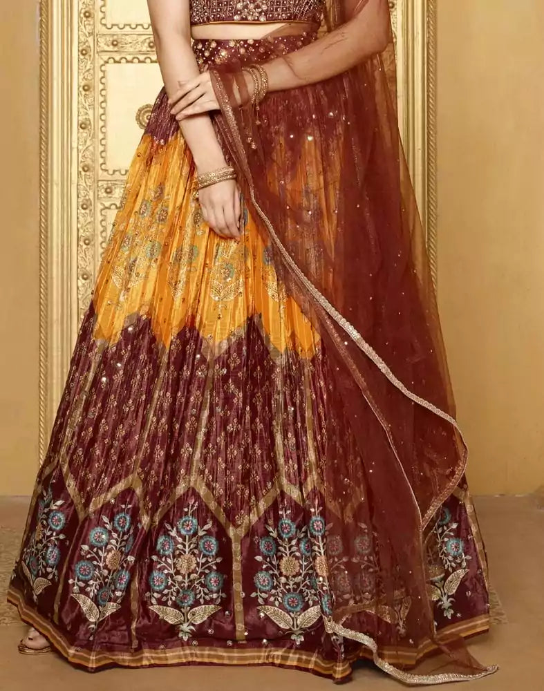Image of Beautiful Brown Coloured Floral Crepe Beads work Crop Top and Lehenga Set