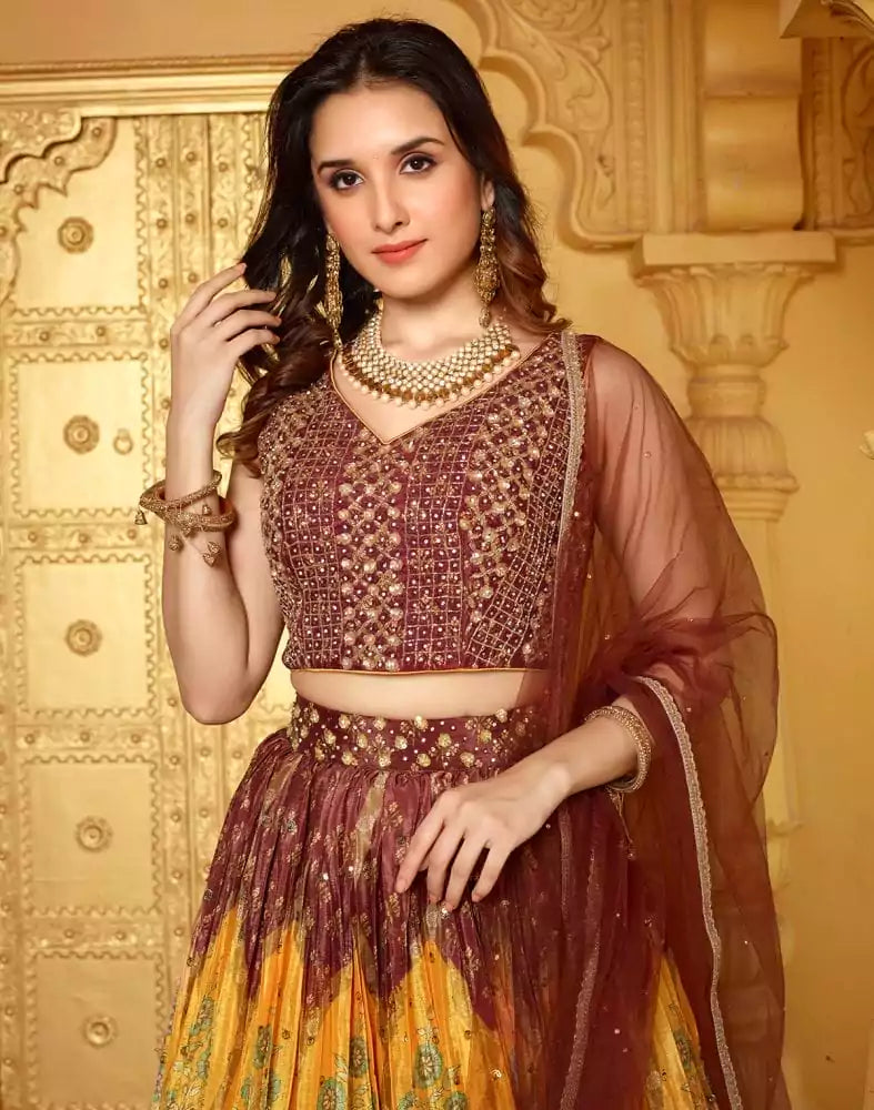 Image of Beautiful Brown Coloured Floral Crepe Beads work Crop Top and Lehenga Set