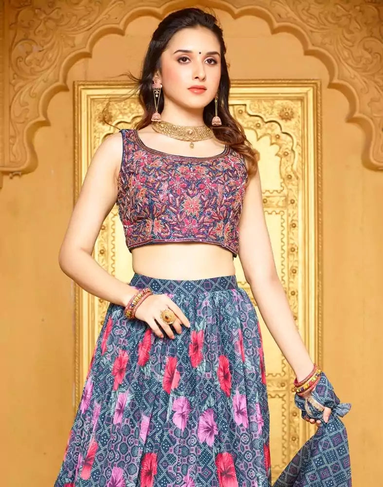 Image of Beautiful Navy Blue Floral Silk Beads work Crop Top and Lehenga Set