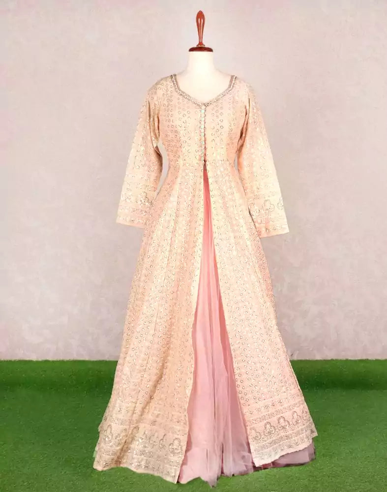 Image of Designer Peach colour Geometric Chikankari Georgette Crop Top and lehenga set