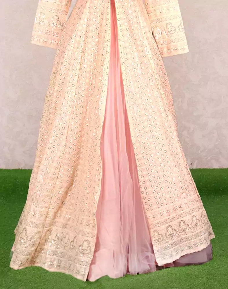 Image of Designer Peach colour Geometric Chikankari Georgette Crop Top and lehenga set